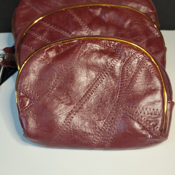 Vintage Set 4 Burgundy Red Leather Patchwork Zip Cosmetic Bag Coin Purse Makeup - Picture 4 of 11
